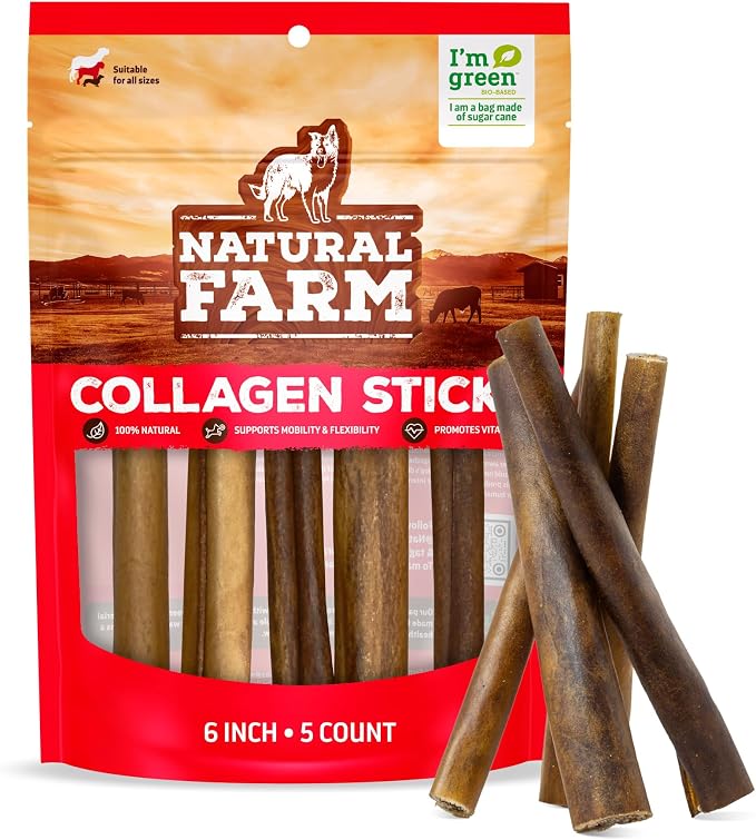 Natural Farm Collagen Sticks 6-Inch Dog Chews - Odor-Free, 95% Natural Collagen Supports Healthy Joints, Skin & Coat - Small, Medium Dogs – Lasts 20% More (6 inch, 5 Pack)
