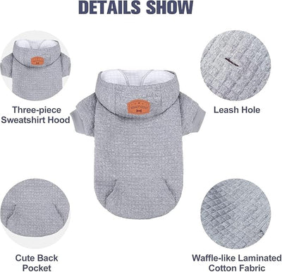 BEAUTYZOO Small Dog Hoodie Sweater with Pockets, Dog Clothes for Small Medium Dogs Boy Girl, Waffle-Like Laminated Cotton Pet Coats with Hat and Leash Hole, Grey XL