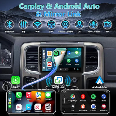 9" Touchscreen Car Stereo for Ram 2013-2019 with CarPlay & Android Auto | GPS Navigation, Bluetooth, SWC, FM/RDS, AHD Backup Camera, Android 13 OS, 2+32GB