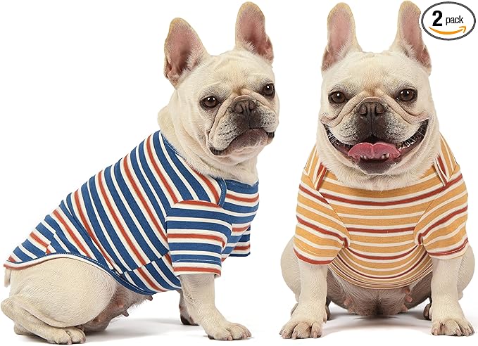 Dog Shirts Cotton Striped T-Shirt, Summer Pet Clothes for Small Dogs, 2-Pack Soft Puppy Apparel Cat Tee, Breathable Stretchy, Blue Yellow L