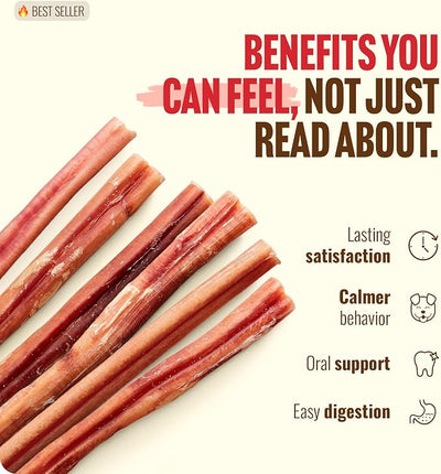 Natural Farm Odor-Free Bully Sticks (12”, 8oz) All-Natural Long-Lasting Chews, 100% Beef Pizzle, Grass-Fed, Grain-Free, Hormone-Free, Protein for Muscle Development & Energy, Perfect for Large Dogs