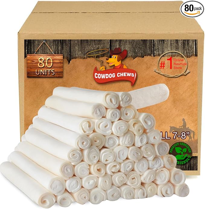 Cowdog Chews Beefhide Roll (7-8 inch) Long Lasting Dog Treat Bone, Great for Dental Health and Aggressive Chewers (80 Count)