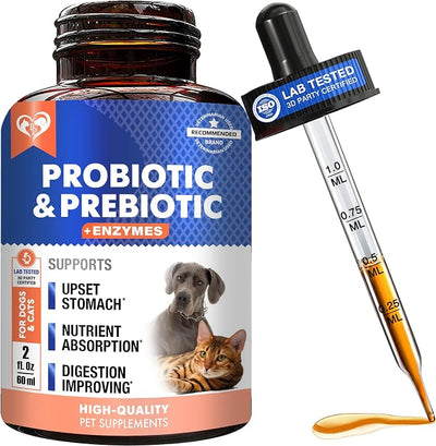 Probiotics & Prebiotics with Enzymes for Dogs and Cats - Digestive Gut Flora Health Pet Food Supplements - Constipation & Diarrhea and Gas Home Remedy - Upset Stomach Relief