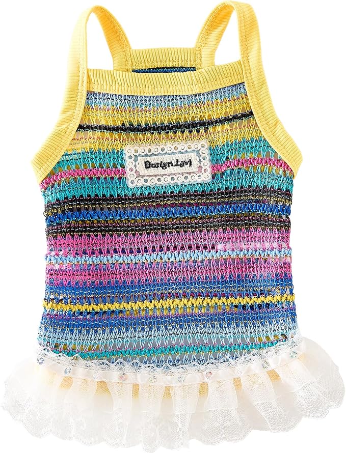 Dog Sling Tank Top with Tulle Skirt, Colorful Striped Pet T-Shirt (Yellow, XX-Large)