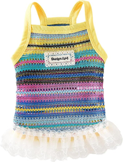 Dog Sling Tank Top with Tulle Skirt, Colorful Striped Pet T-Shirt (Yellow, Large)