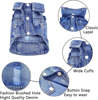 Dog Jean Jacket, Blue Denim Shirt Classic Lapel Vest Coat Costume Puppy T-Shirt, Comfort Tank Top Cool Apparel, Washed Pet Clothes for Dogs Boy Girl (Blue, X-Large)
