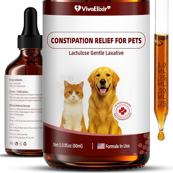 Constipation Relief for Dogs and Cats - Gentle Laxative and Stool Softener with Psyllium - Supports Healthy Bowel Movements, Hairball Relief, and Digestive Comfort - 2 fl oz (60 ml)