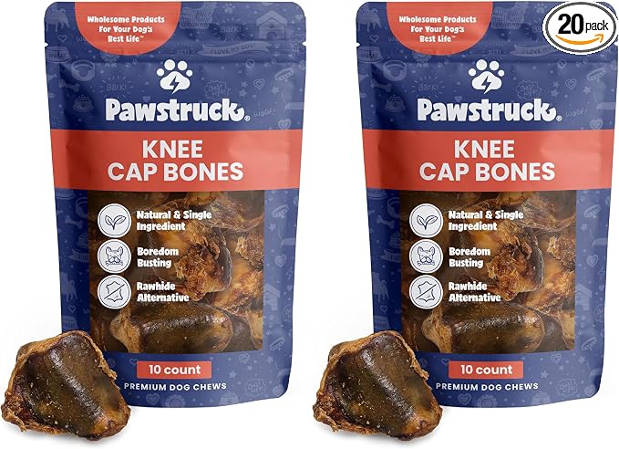 Pawstruck Natural Knee Cap Dog Bones - Treats for Aggressive Chewers, Low Fat & High Protein Chews, Beef Flavor, Long-Lasting Rawhide Alternatives - 20 Pack, Packaging May Vary
