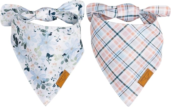 Remy+Roo Dog Bandanas - 2 Pack | Boon Ties X Remy+Roo Dog Bandanas Set | Premium Durable Fabric | Patented Shape Bandanas for Dogs (Spring, Plaid, Floral, Large)