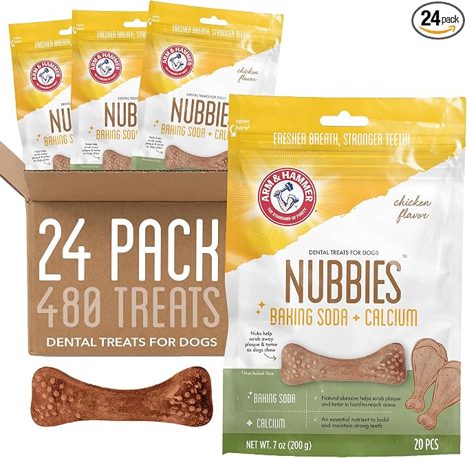 Arm & Hammer for Pets Nubbies Dental Treats Baking Soda Calcium Nubbed Texture Scrubs Plaque Tartar Chicken Flavor Freshens Breath Daily Oral Care 20 Count 7 OZ 24 Pack at Home Consistent Routine
