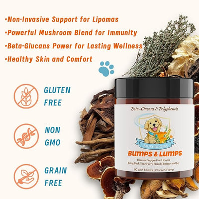 Natural Lipoma Support for Dogs, 7 Organic Mushroom Blend with Beta-Glucans, Boosts Immunity, 1500mg High Potency Turkey Tail, Reishi, Lion's Mane Helps Reduce Lumps & Bumps, 90 Chicken Soft Chews