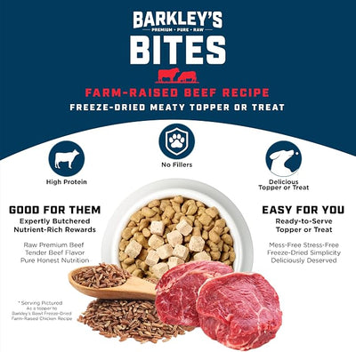 Barkley’s Bag Beef Bites, Freeze Dried Dog Treats & Food Topper, Made w/Beef, Barley, and Quinoa, Small Bite-Sized Pieces for Training Rewards, for All Dog Breeds, Ages & Sizes, 4 Oz Bag (6 Pack)