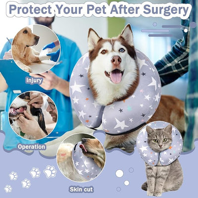 Recovery Donut Collar for Dogs & Cat,Inflatable Dog Cone Collar Alternative After Surgery,Soft Cone for Large Medium Small Dog,Adjustable Pet Neck Donut(Grey Star,Large