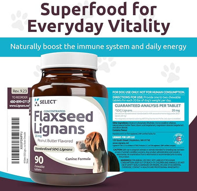 K9 Select Concentrated Flaxseed Lignans for Dogs, 20mg 90 Tablets, Peanut Butter Flavored Chewable, Impove Coat