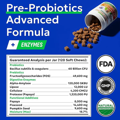 Bark&Spark Vet Strength Dog Probiotics Chews - 60 Billion CFU per jar - Digestive Enzymes for Dogs Gut Health - Chewable Supplement for Diarrhea, Gas, Constipation, Upset Stomach Relief (120 Ct)