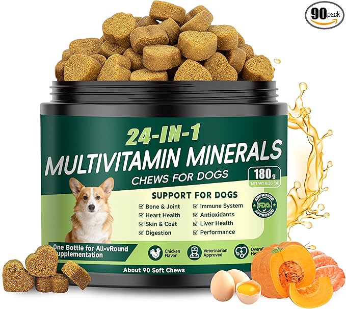 24-in-1 Dog Vitamins and Supplements, Dog Multivitamin Chewable with Chondroitin Probiotics Omega-3 Glucosamine for Dogs Skin Coat Hip and Joint Heart Gut Liver Brain Eye Immune Support, 90 Chews