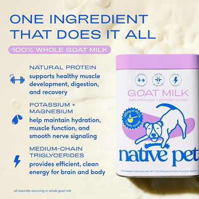 Native Pet Goat Milk Powder - Dog Food Topper for Active Dogs - Post-Activity Recovery, Energy, Immune Support, Hydration & Bone Health - Whole Goat Milk with MCTs & Essential Minerals - 120 Scoops