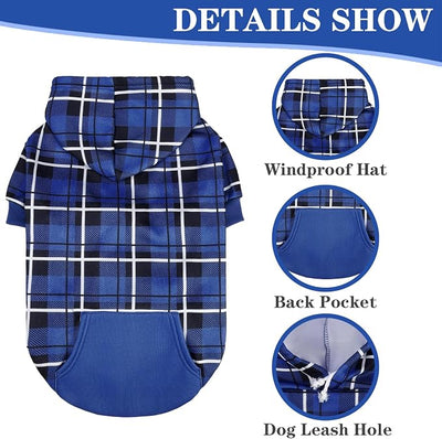 EXPAWLORER Plaid Dog Hoodie - British Style Warm Dog Sweater Shirt with Leash Hole,Pitbull Clothes Outfits,Winter Coat Apparel for All Breeds Puppy Girl Boy-Cat Apparel,Navy Blue X-Small