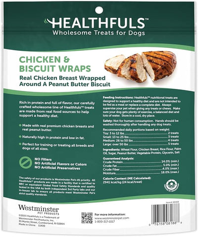 HEALTHFULS Chicken & Peanut Butter Healthy Dog Treats – High-Protein, Low-Fat, Biscuit Wraps with Real Peanut Butter – 16 oz