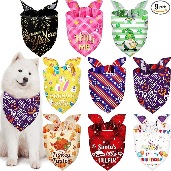Weewooday 9 Pcs Holiday Dog Bandanas Halloween Trick or Treat Thanksgiving Christmas Bandanas Birthday Scarf Adjustable Large Pet Washable Scarves for Medium Boy Costume Supply