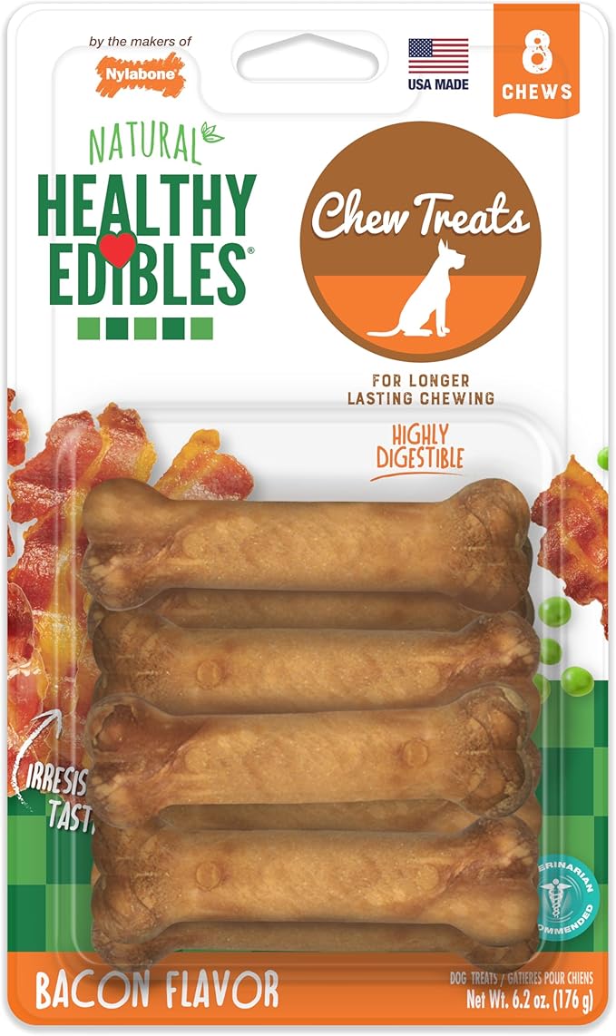 Nylabone Healthy Edibles Natural Chews, Long Lasting Dog Bones, Healthy Dog Treats, Bacon Flavor, X-Small (8 Count)
