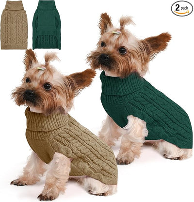 Dog Sweater 2 Pack for Small Dogs, Size S, Green & Brown | Stretchy cable knit turtleneck, machine washable, high belly cut, comfy winter fit for Chihuahua, Maltese