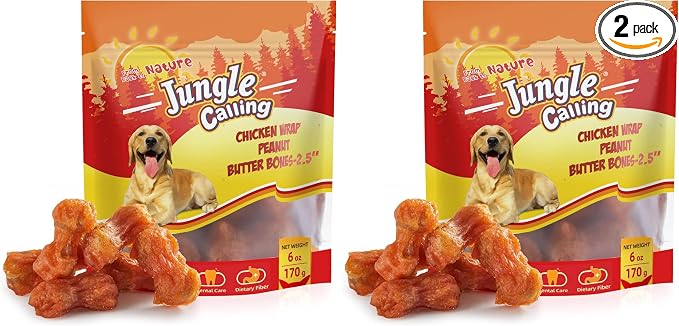 Jungle Calling Rawhide Free Dog Chew Treats, Real Chicken Wrapped Peanut Butter Bones, Teeth Clean Chewy Training Snacks, 6 oz (Pack of 2)