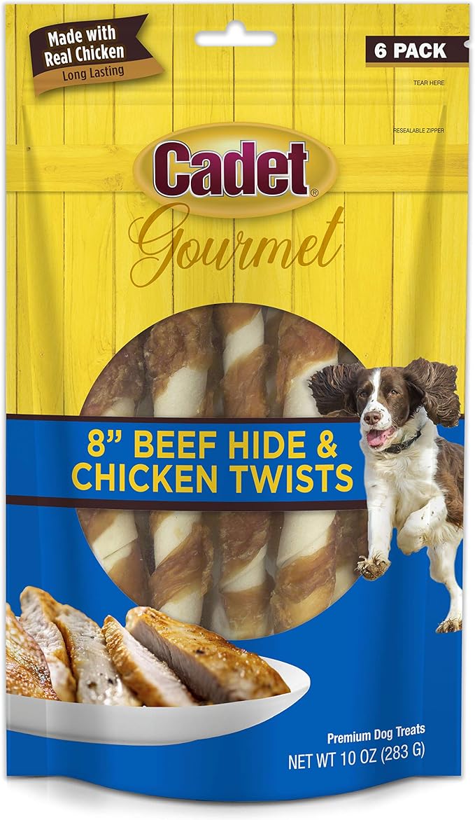 Cadet Gourmet 8-Inch Beef Hide Twist Chew Sticks, Long-Lasting and Natural Rawhide Chews for Dogs, Inspected & Tested in USA, Chicken Flavor, 6 Count