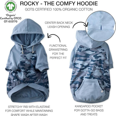 Pet Passion Rocky – The Original Lightweight Hooded Tee 100% Organic Cotton Dog Hoodie Pet Coat Sweater for All Sized Dogs, Navy Half Camo, Small (10-25 lbs)