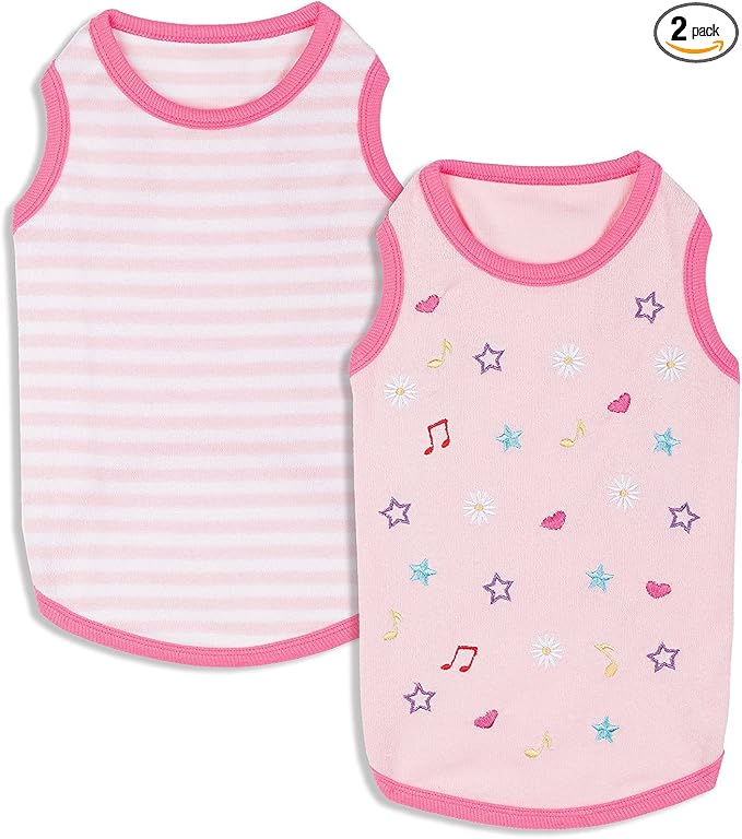Blueberry Pet Pack of 2 Soft & Comfy Terry Cotton Pink Wonderland Sleep & Play Dog Pajamas & Tank Top T Shirt, Back Length 12", Clothes for Girl Dogs