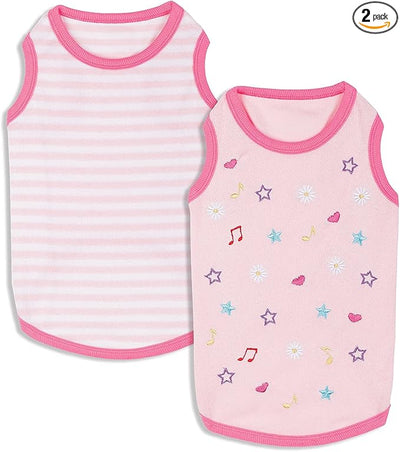 Blueberry Pet Pack of 2 Soft & Comfy Terry Cotton Pink Wonderland Sleep & Play Dog Pajamas & Tank Top T Shirt, Back Length 12", Clothes for Girl Dogs