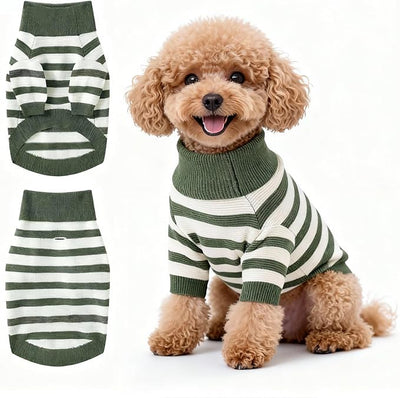 Small Dog Sweater, Knitted Striped Pullover Dog Clothes, Indoor Cozy Stretchy Pajamas for Chihuahua, Bulldog, Dachshund, Pug(Green&White Strip, M)