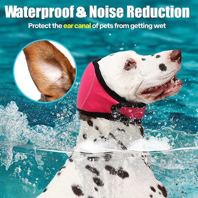 Dog Ear Muffs Wrap for Hematoma, Bathing, Drying, Swimming & Noise Anxiety Relief- Elastic Waterproof Ear Protection with Calming Hoodie Design for Grooming