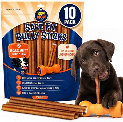 Bow Wow Labs SafeFit™ Bully Sticks for Dogs - 100% All Natural Beef Sticks, Grass-Fed, Low Odor, Long Lasting Dog Chew, Dog Chew Treats, Bully Stick for Small, Medium, Large Dogs - 12" Midsize 10 Pack