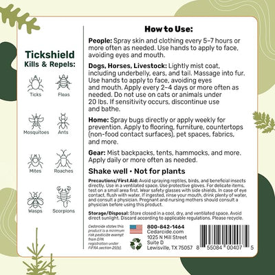 Cedarcide Extra- Strength Tickshield | Deep Woods Cedar Oil Tick & Mosquito Repellent Spray Kills & Repels Ticks, Fleas, Chiggers and Mosquitoes| For People & Pets | Natural Essential Oils | Quart