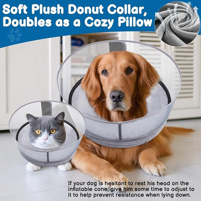 BARKLESS Dog Donut Collar, 2-in-1 Inflatable Dog Collars for After Surgery to Stop Licking Wounds, Patented Protective Donut Cone with High Shield for Small and Medium Pets (Grey, M)