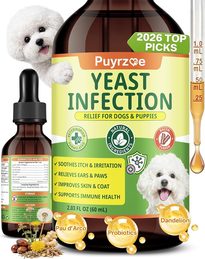 puyrzoe Natural Yeast Infection Treatment for Dogs, Itchy Ears, Skin, Paws & Allergy Relief, Yeast Treatment for Dogs, Supports Gut & Immune Health, Reduces Itching, Irritation & Inflammation, 60ml