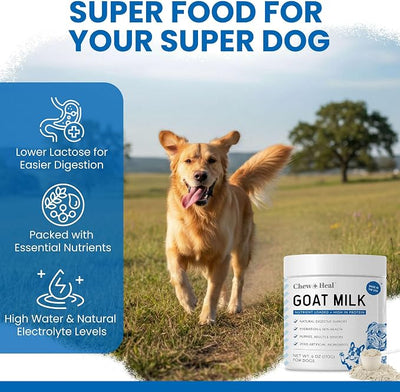 Chew + Heal Labs Goat Milk Powder for Dogs - 6oz of Nutrient Loaded Milk for Puppy, Adult, and Senior Dogs - Good for Muscle, Bone, and Heart Health - Protein Rich with No Additives - Made in the USA