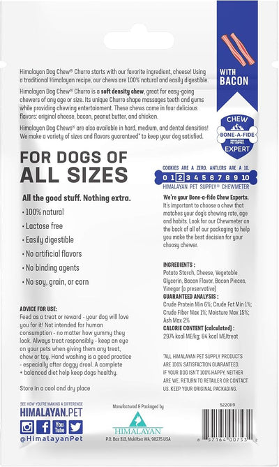 Himalayan Dog Chew Churro Yak Cheese Dog Chews, 100% Natural, Long Lasting, Gluten Free, Healthy & Safe Dog Treats, Lactose & Grain Free, Protein Rich, For All Breeds, Soft, Real Bacon Flavor, 4 Pack