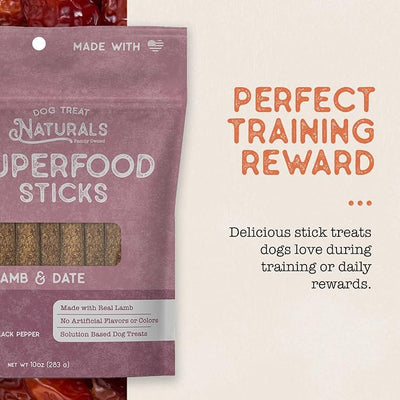 Dog Treat Naturals Superfood Sticks, Lamb & Date, 10oz Bag | Dog Chew Sticks | All-Natural, Pet Training Treats | Joint-Skin-Coat Health | USA Made