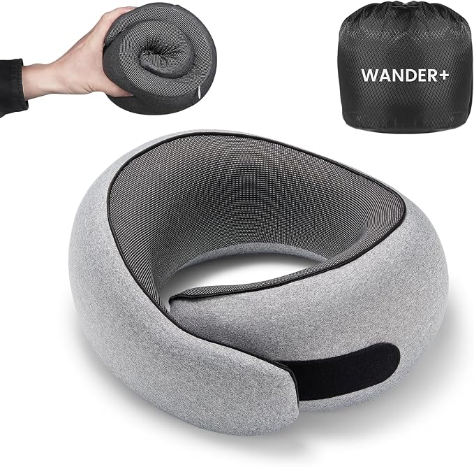 WANDER+ Plus® Travel Pillow, 100% Pure Memory Foam Travel Neck Pillow Airplane Neck Support Ergonomic Design Best for Sleeping Plane Car Train Office Flight for Adults Ash Grey