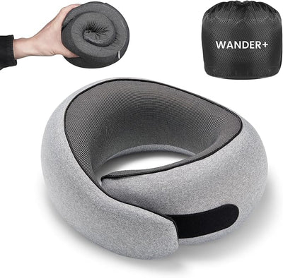 WANDER+ Plus® Travel Pillow, 100% Pure Memory Foam Travel Neck Pillow Airplane Neck Support Ergonomic Design Best for Sleeping Plane Car Train Office Flight for Adults Ash Grey