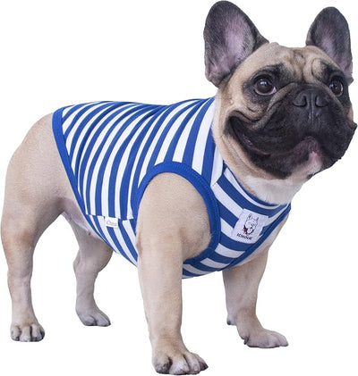 iChoue 2pcs French Bulldog Striped Shirts 100% Breathable Cotton Tank Tops Vests Clothes for Frenchie Dogs, Blue and Green Stripes, Large