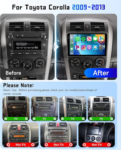 4G+128G Car Radio Stereo for Toyota Corolla 2009-2013, 9inch HD in-Cell Touch Screen/Android 15/Wireless CarPlay/Android Auto/GPS/WiFi/5.0Bluetooth/FM/RDS/SWC/AHD Backup Camera