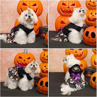 CuteBone Halloween Dog Dresses Velvet Holiday Small Dogs Clothes Onesie Pet Apparel Girl Puppy Skirt with Bow Hair Rope
