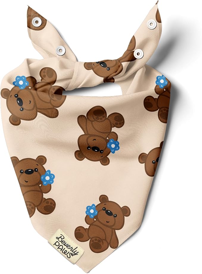 Snap-On Dog Bandana for Small Medium Large Pets, Dogs Cats Adjustable Handkerchief Scarf for Girl & Boy, Funny Cute Puppy Apparel & Accessories (Teddy Bears, Large)