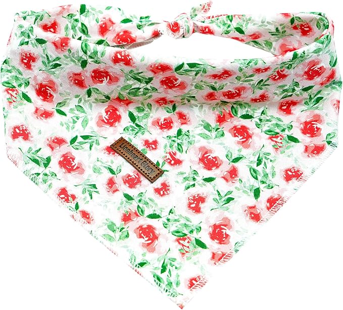 Lionheart glory Floral Dog Bandana Spring Summer Dog Bandana 1 Pack Washable Soft Dog Scarf, Square Adjustable Dog Bandanas for Small Dogs, Red Roses