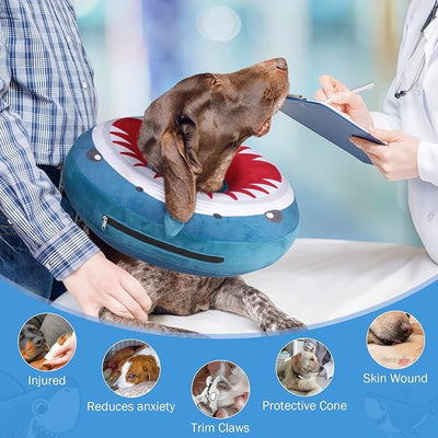 SCENEREAL Dog Cone Alternative After Surgery Pet Recovery Collar for Small Medium Large Dogs Cats, Adjustable Inflatable Donut to Prevent Licking, Shark Print E-Collars