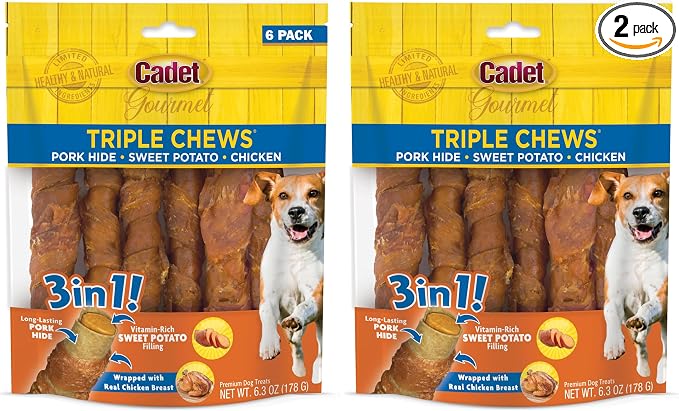 Cadet Gourmet Triple Chews Long-Lasting Pork Hide Sticks with Sweet Potato and Chicken, Healthy Dog Treats for Small & Large Dogs, 6 Count (Pack of 2)