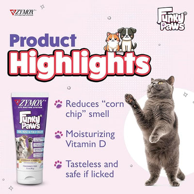 Zymox Funky Paws - Paw, Nose & Fold Cream for Dogs & Cats - Veterinary Strength - Reduces Corn Chip Feet Smell - Hydrates & Soothes the Skin - Relieves Itching & Irritation - Fragrance Free - 90g